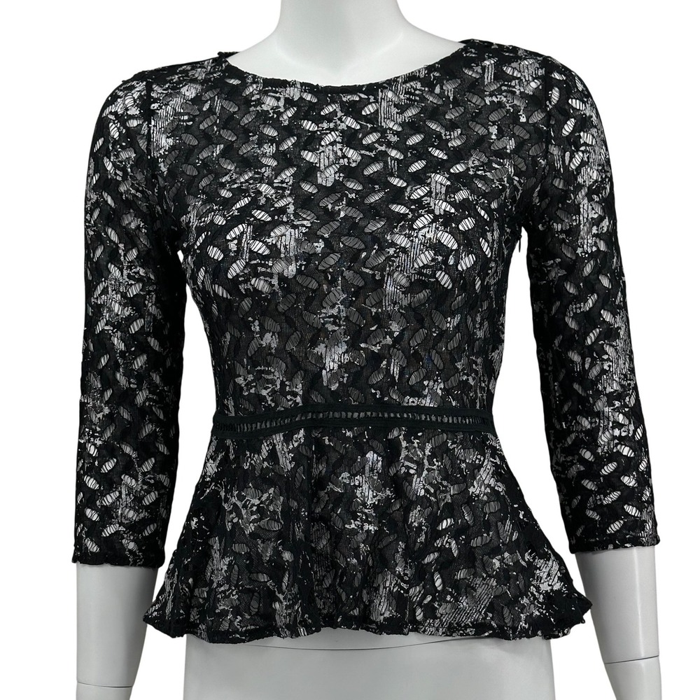Antonio Melani Top Women XS Black Metallic Silver 3/4 Sleeve Peplum Lace Holiday